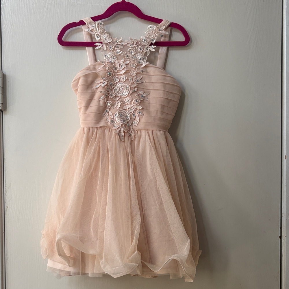 Girls' Blush Pink Floral Appliqué Tulle Party Dress - Sleeveless